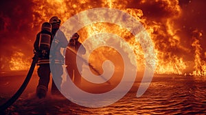 A firefighter gets out of the flames of the fire in a protective suit