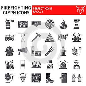 Firefighter glyph icon set, fireman symbols collection, vector sketches, logo illustrations, fire safety signs solid