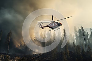 Firefighter helicopter dropping water in a Forest Fire.. Generative AI
