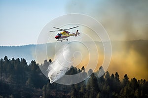 Firefighter helicopter dropping water in a Forest Fire.. Generative AI