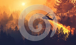 Firefighter helicopter extinguishes forest fire