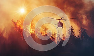 Firefighter helicopter extinguishes forest fire