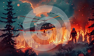 Firefighter helicopter extinguishes forest fire