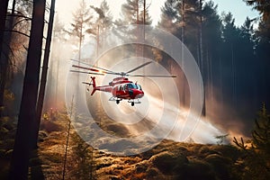 Firefighter helicopter extinguishes forest fire. Generative AI illustration