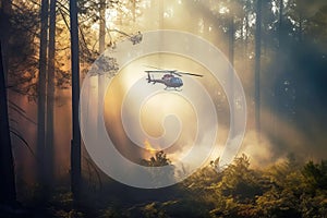 Firefighter helicopter extinguishes forest fire. Generative AI illustration