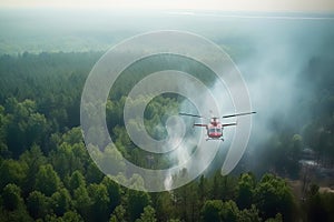 Firefighter helicopter extinguishes forest fire. Generative AI illustration