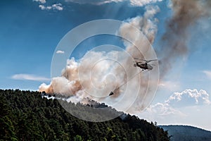 Firefighter helicopter extinguishes forest fire with water