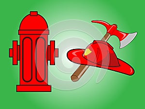 Firefighter helmet with crossed axe and Red fire hydrant