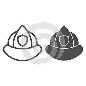 Firefighter helmet line and solid icon. Fireman protection hat with shield emblem outline style pictogram on white