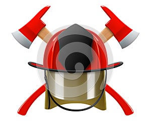 Firefighter helmet or red firefighter hat and two crossed axes isolated on white background. Realistic 3d vector illustration