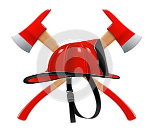 Firefighter helmet or red firefighter hat and two crossed axes isolated on white background. Realistic 3d vector illustration