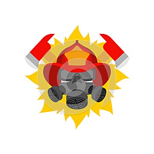 Firefighter in helmet sign. Fire ax and flame. Fire department symbol. fireman emblem