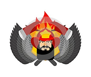 Firefighter in helmet sign. Fire ax and flame. Fire department symbol. fireman emblem