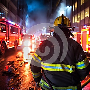 Firefighter with his back to the camera with a fire truck in the background on a street attending to an emergency