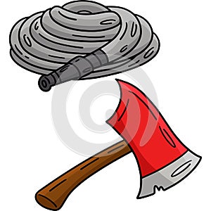 Firefighter Hose and Ax Cartoon Colored Clipart