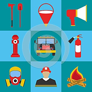 Firefighter icon set. Elements of the fire departament equipment
