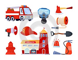 Firefighter kit to put out a fire - flat design style objects set