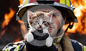 firefighter with a kitten in his arms on the background of fire