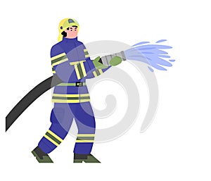 Firefighter kneeling with fire hose, flat cartoon vector illustration isolated