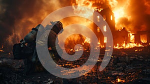 Firefighter Kneeling in Front of Fire