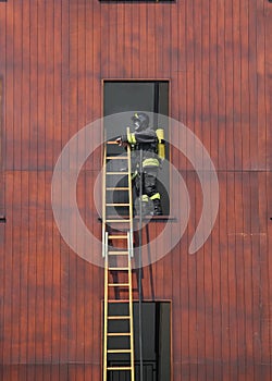 firefighter with a ladder and the oxygen cylinder