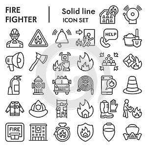 Firefighter line icon set, Fire safety symbols set collection or vector sketches. Fire services signs set for computer