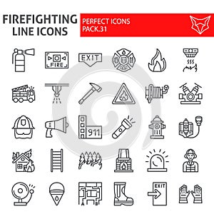 Firefighter line icon set, fireman symbols collection, vector sketches, logo illustrations, fire safety signs linear
