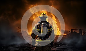 firefighter is looking at conflagration fire, generative ai