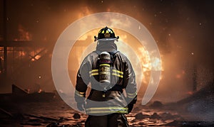 firefighter is looking at conflagration fire, generative ai