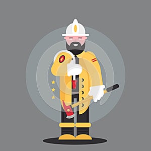 Firefighter, man from fire brigade, standing full face in form of fireman, with personal protective equipment, bunker or