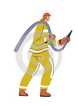 Firefighter man with hose, male in suit vector
