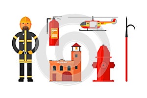 Firefighter Man in Uniform with Tools and Equipment Vector Set