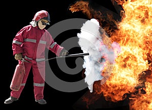 Firefighter with mask and fully protective suit on fire backgrou