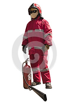 Firefighter with mask and fully protective suit on isolated white background