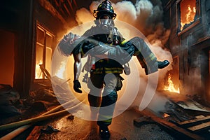 A firefighter in a mask and protective suit carries a victim out of the fire in his arms