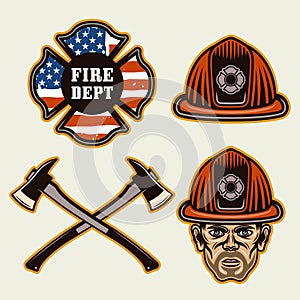 Firefighter objects set of vector elements in colored style