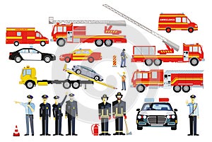 Firefighter operation and police operation with firefighters and police officers, illustration isolated