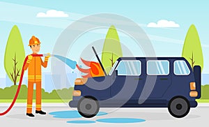 Firefighter in Orange Uniform and Protective Helmet with Hose Extinguishing Fire in Car Engine Vector Illustration