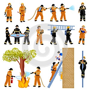 Firefighter People Flat Color Icons Set