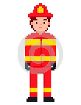 Firefighter pixel game style illustration. Vector pixel art design. 8 bit people character icon. Fireman isolated on