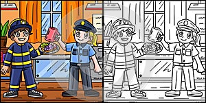 Firefighter and Policewoman Coloring Illustration