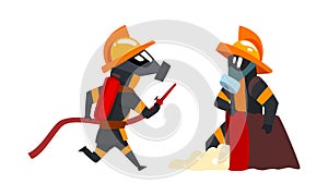 Firefighter in Protective Outfit and Red Hose Extinguishing Fire Vector Set