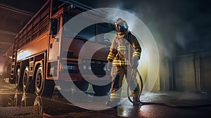 Firefighter in protective suit, helmet and gas mask extinguishing flame against background of fire engine. Dark