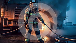 Firefighter in protective suit, helmet and gas mask extinguishing flame against background of fire engine. Dark
