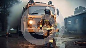 Firefighter in protective suit, helmet and gas mask extinguishing flame against background of fire engine. Dark