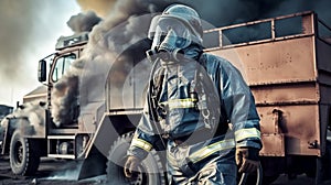 Firefighter in protective suit, helmet and gas mask extinguishing flame against background of fire engine. Dark