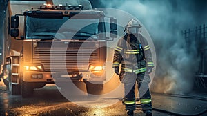 Firefighter in protective suit, helmet and gas mask extinguishing flame against background of fire engine. Dark