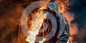 Firefighter in protective suit, helmet and gas mask extinguishing flame. Dark background with smoke and fire. Generative