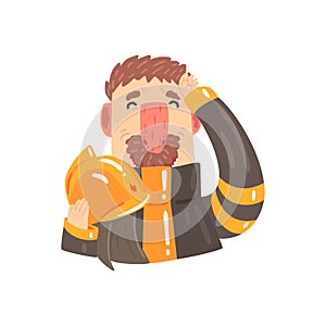 Firefighter in protective suit holding safety helmet in his hands cartoon character vector Illustration