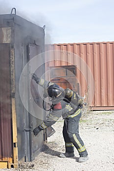 Fireman fire training station drill